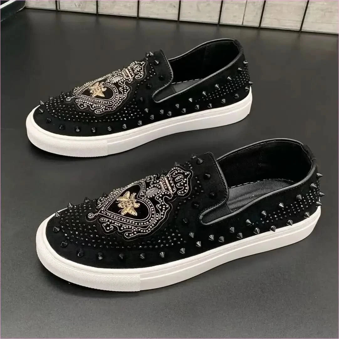 Men's Black Hot Diamond Leather Motif Slip-on Shoes with Gold Embroidery - Pleasures and Sins