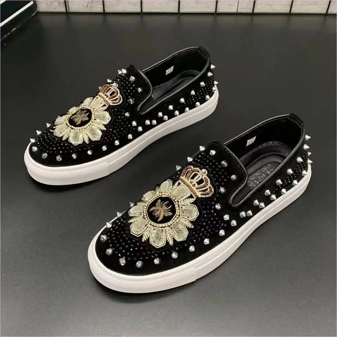 Men's Black Hot Diamond Leather Motif Slip-on Shoes with Gold Embroidery - Pleasures and Sins