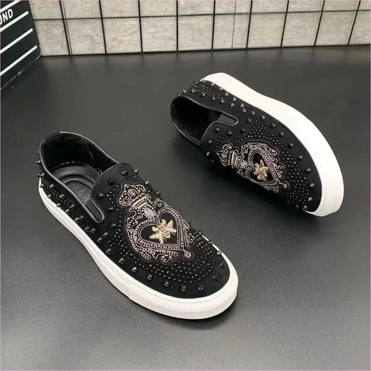 Men's Black Hot Diamond Leather Motif Slip-on Shoes with Gold Embroidery - Pleasures and Sins