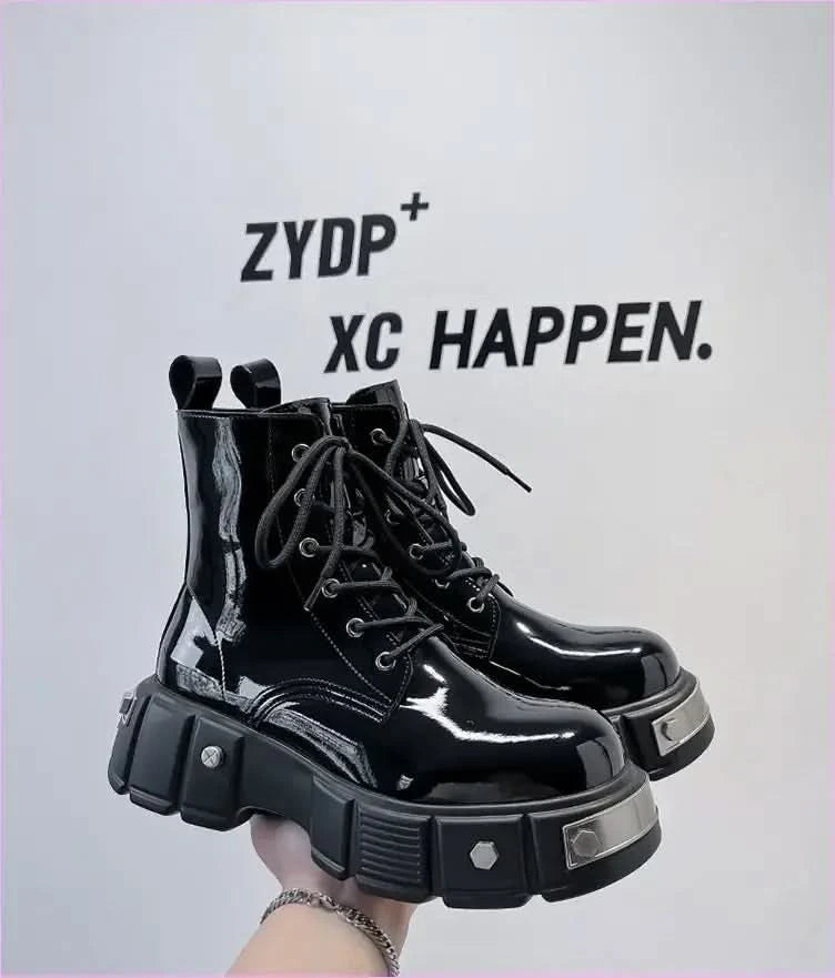 Men’s Chunky Platform Lace-up Patent Heel Boots for Bold Style - Pleasures and Sins