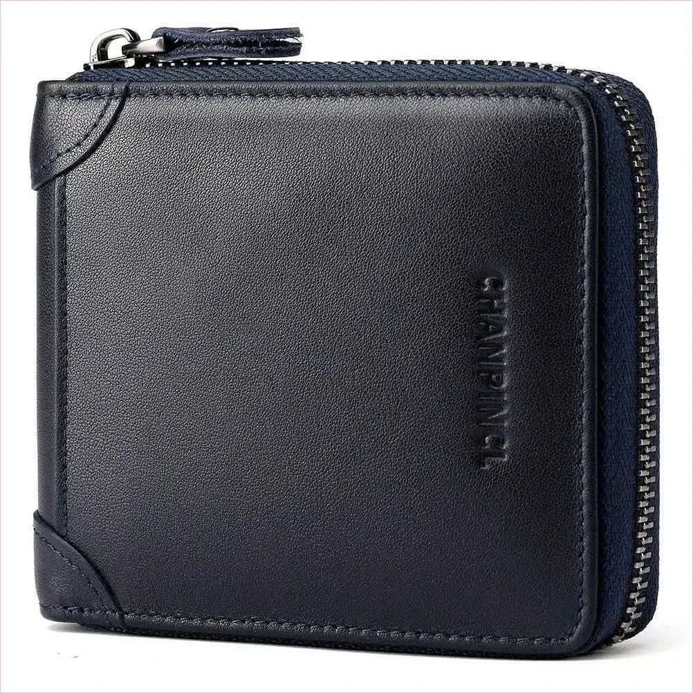Mens Leather Wallet Rfid Block with Zipper and Tri-fold Design - Pleasures and Sins