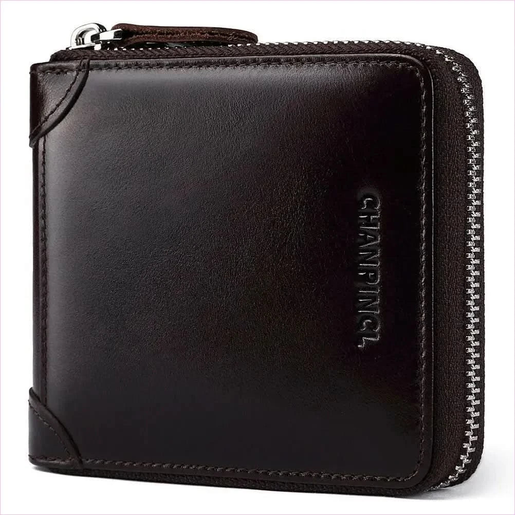 Mens Leather Wallet Rfid Block with Zipper and Tri-fold Design - Pleasures and Sins