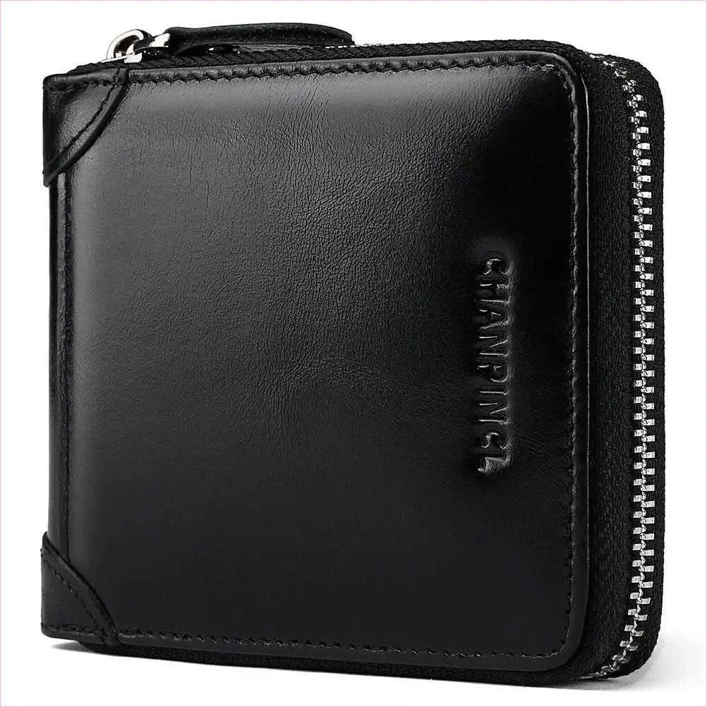 Mens Leather Wallet Rfid Block with Zipper and Tri-fold Design - Pleasures and Sins
