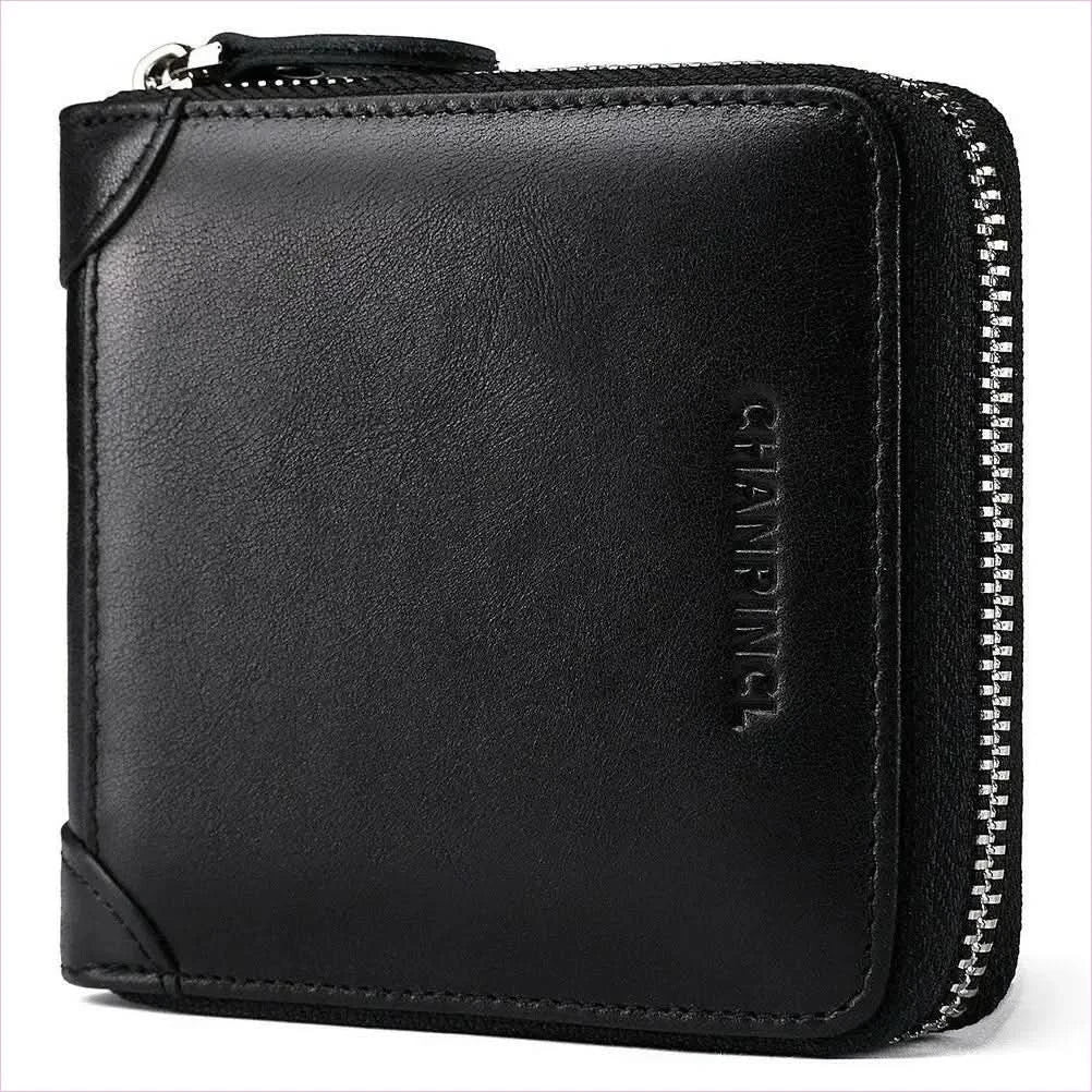 Mens Leather Wallet Rfid Block with Zipper and Tri-fold Design - Pleasures and Sins