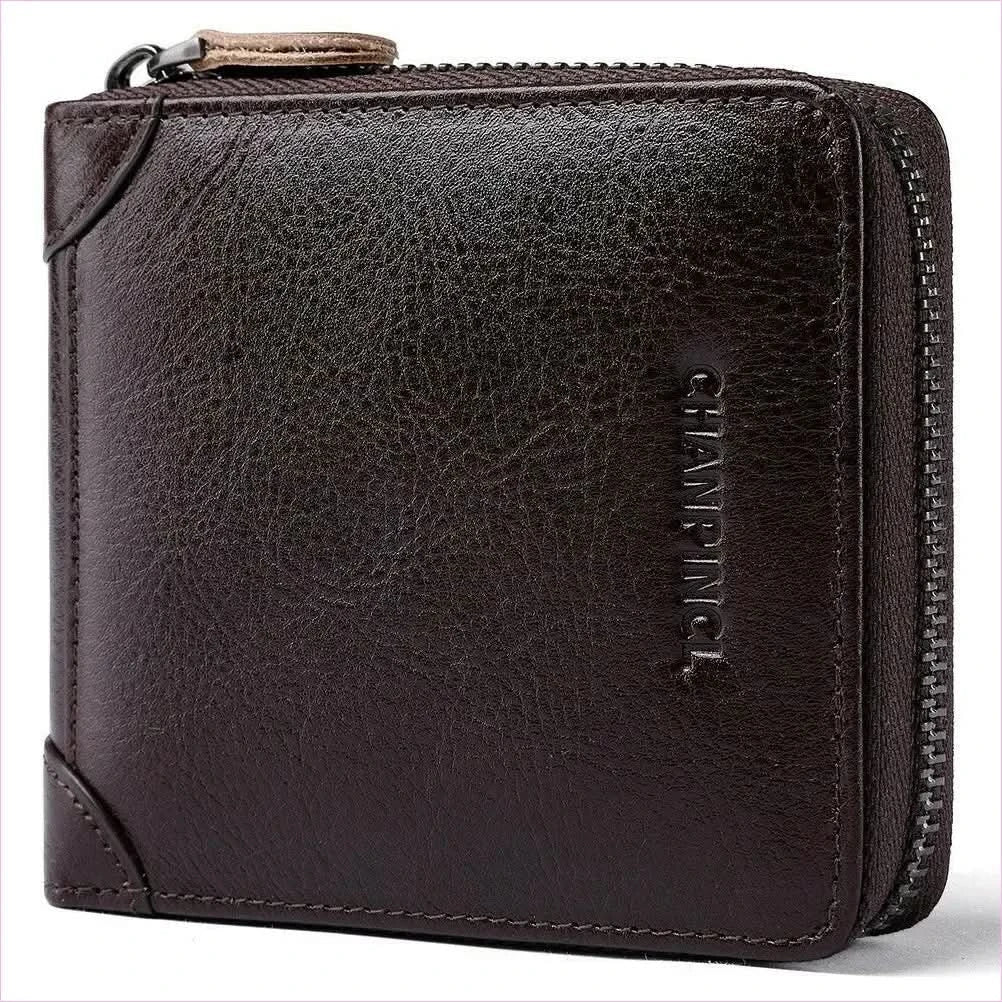 Mens Leather Wallet Rfid Block with Zipper and Tri-fold Design - Pleasures and Sins