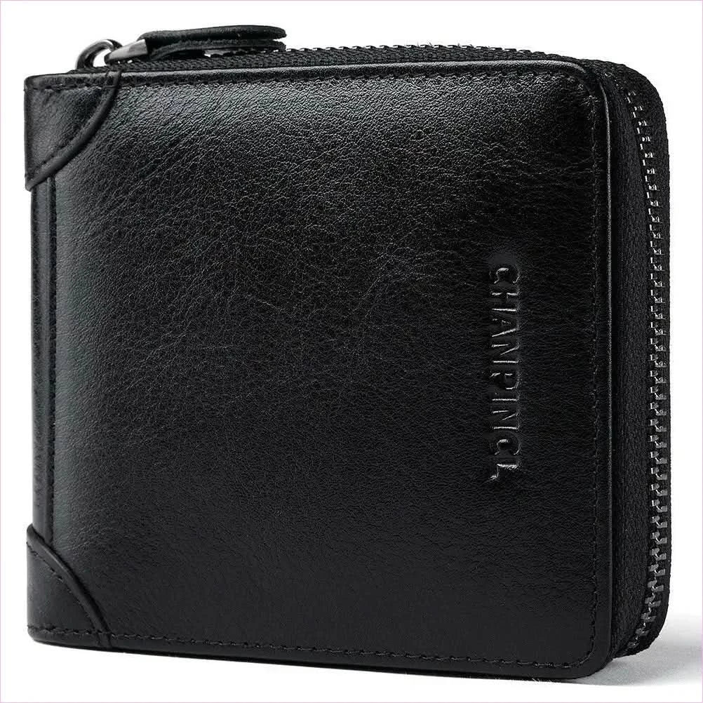 Mens Leather Wallet Rfid Block with Zipper and Tri-fold Design - Pleasures and Sins
