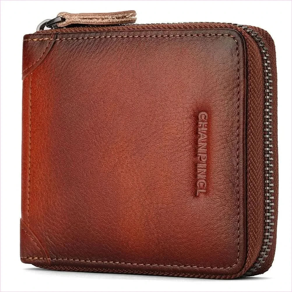 Mens Leather Wallet Rfid Block with Zipper and Tri-fold Design - Pleasures and Sins