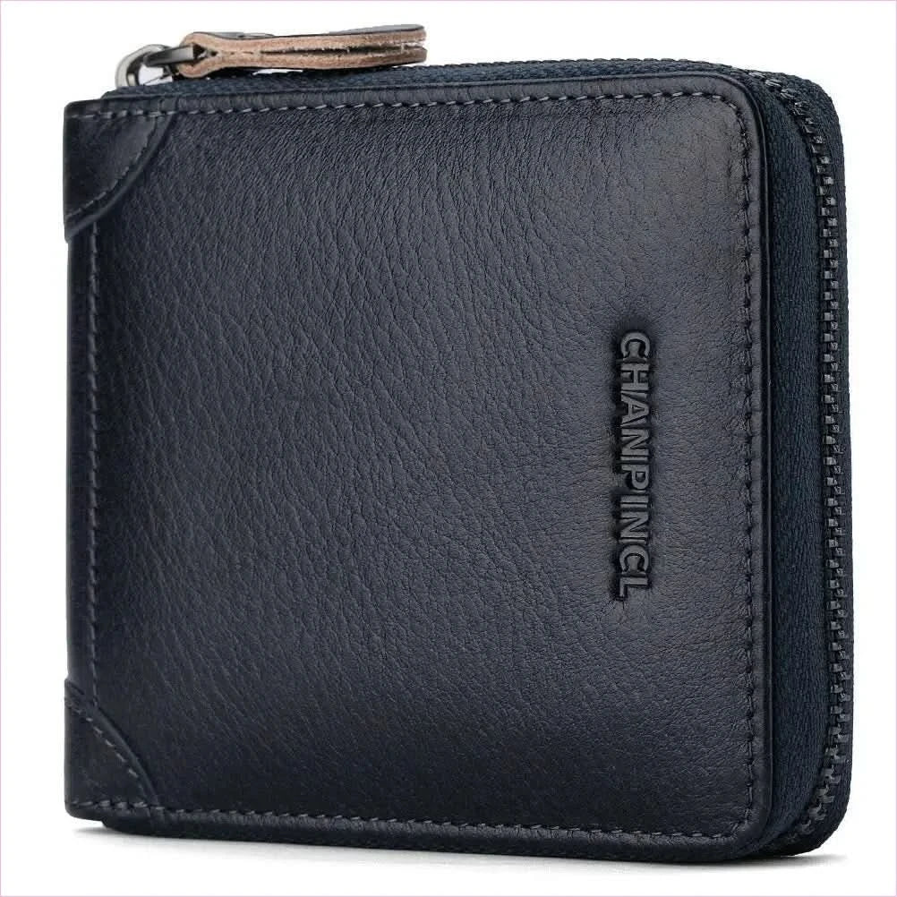 Mens Leather Wallet Rfid Block with Zipper and Tri-fold Design - Pleasures and Sins