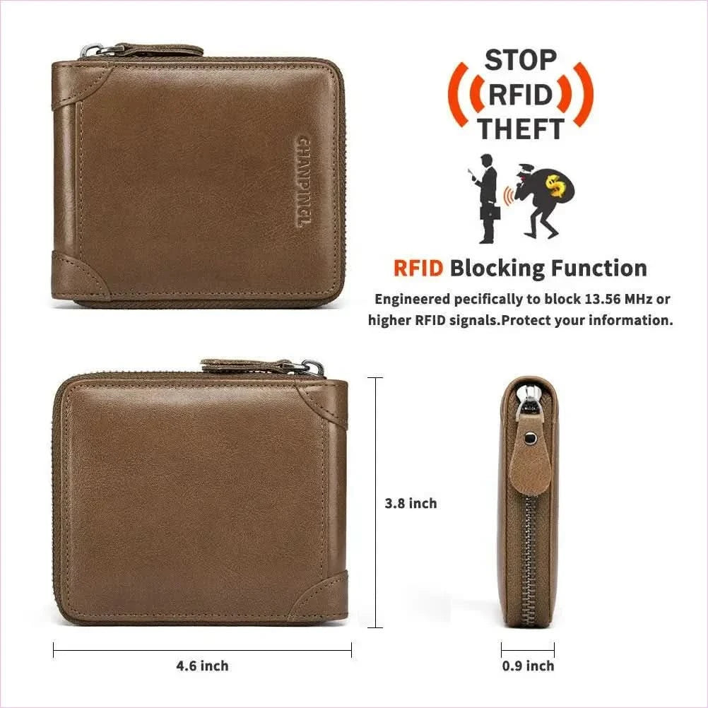 Mens Leather Wallet Rfid Block with Zipper and Tri-fold Design - Pleasures and Sins