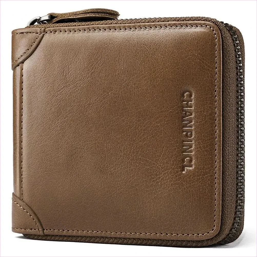 Mens Leather Wallet Rfid Block with Zipper and Tri-fold Design - Pleasures and Sins