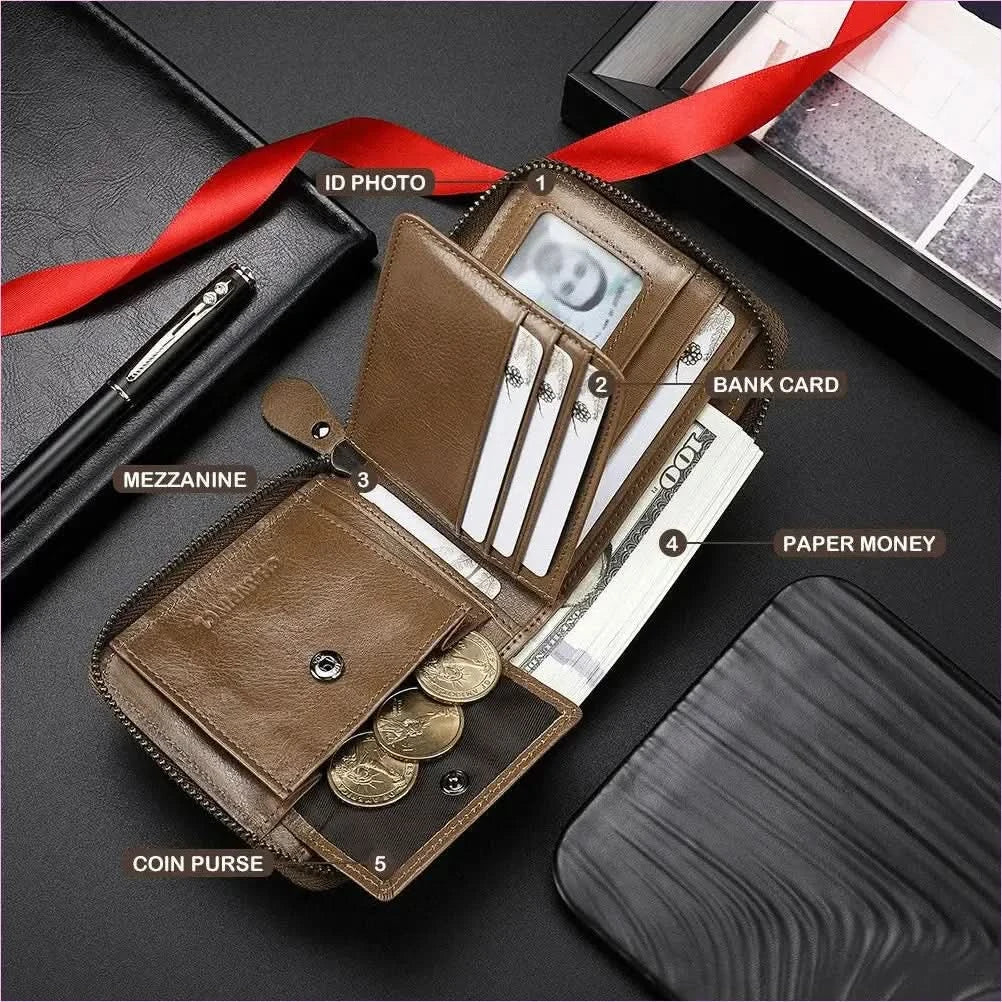 Mens Leather Wallet Rfid Block with Zipper and Tri-fold Design - Pleasures and Sins