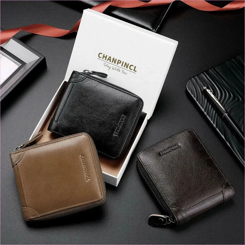 Mens Leather Wallet Rfid Block with Zipper and Tri-fold Design - Pleasures and Sins