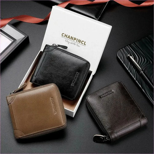 Mens Leather Wallet Rfid Block with Zipper and Tri-fold Design - Pleasures and Sins