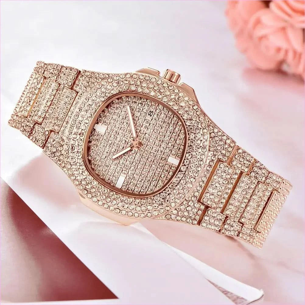 Mens Luxury Diamond Quartz Watch with Gold Steel Design - Pleasures and Sins