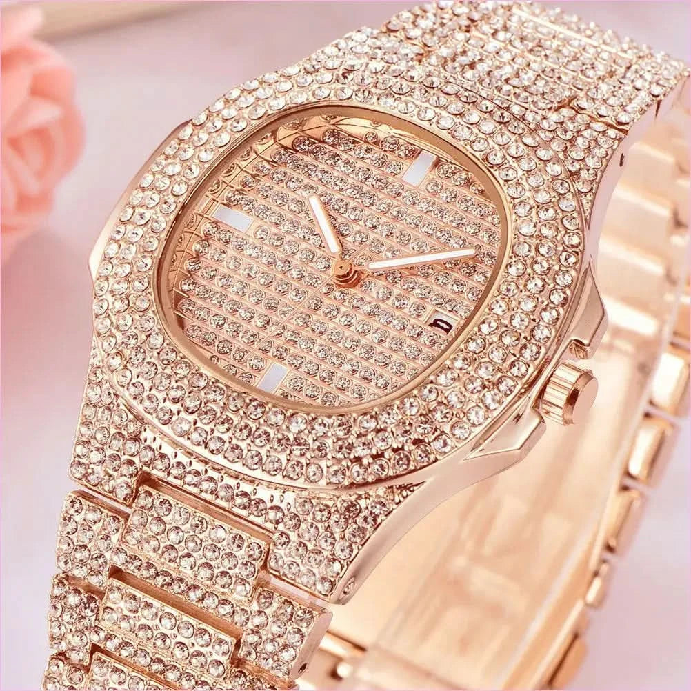 Mens Luxury Diamond Quartz Watch with Gold Steel Design - Pleasures and Sins