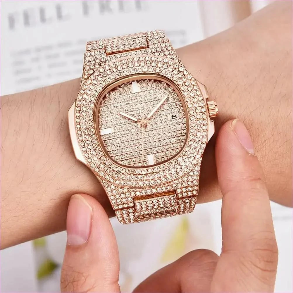 Mens Luxury Diamond Quartz Watch with Gold Steel Design - Pleasures and Sins