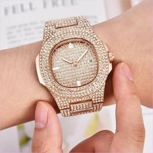 Mens Luxury Diamond Quartz Watch with Gold Steel Design - Pleasures and Sins