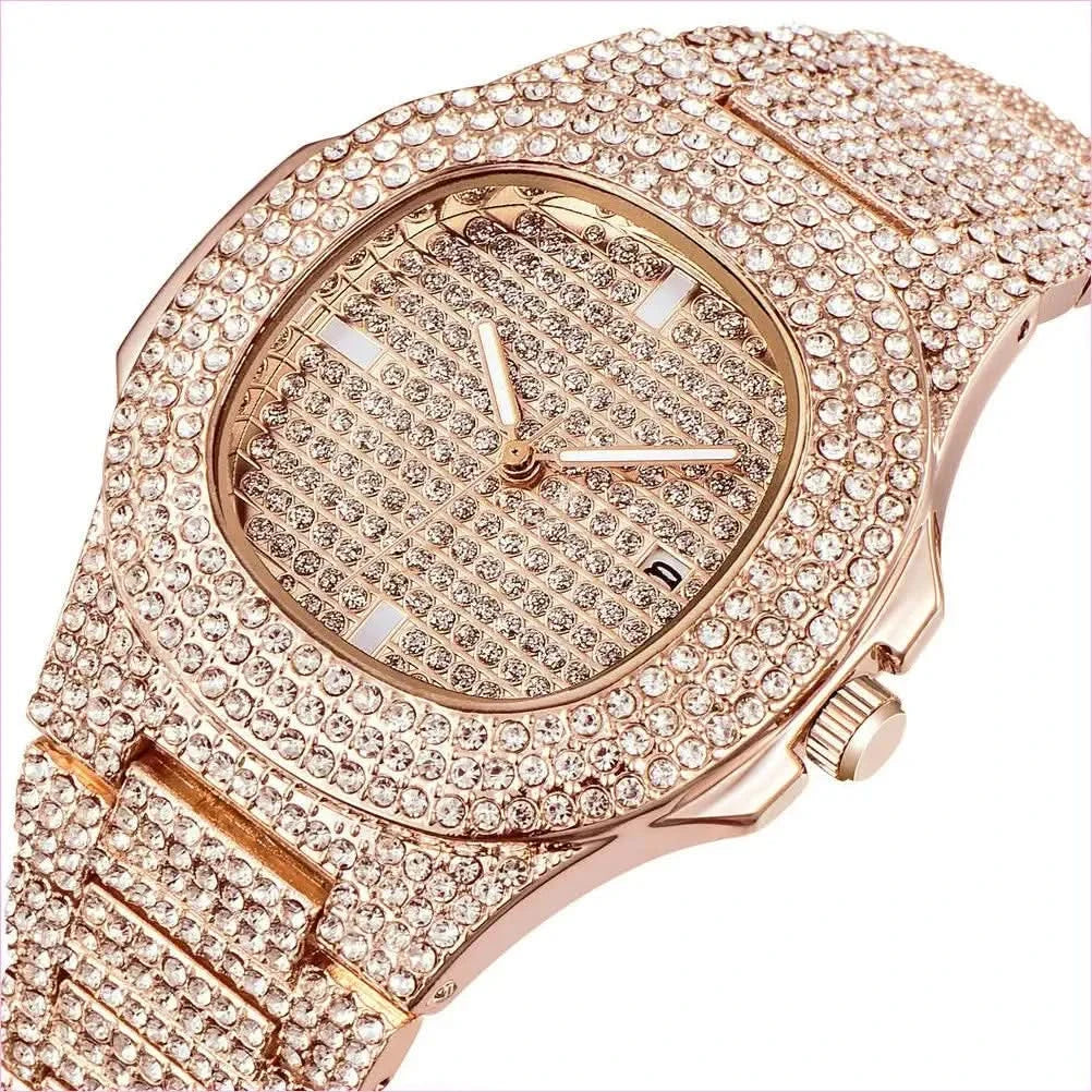 Mens Luxury Diamond Quartz Watch with Gold Steel Design - Pleasures and Sins