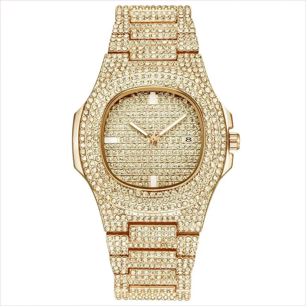 Mens Luxury Diamond Quartz Watch with Gold Steel Design - Pleasures and Sins