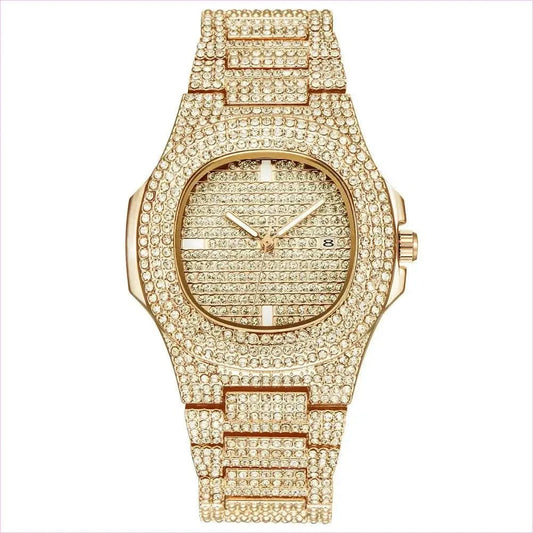 Mens Luxury Diamond Quartz Watch with Gold Steel Design - Pleasures and Sins