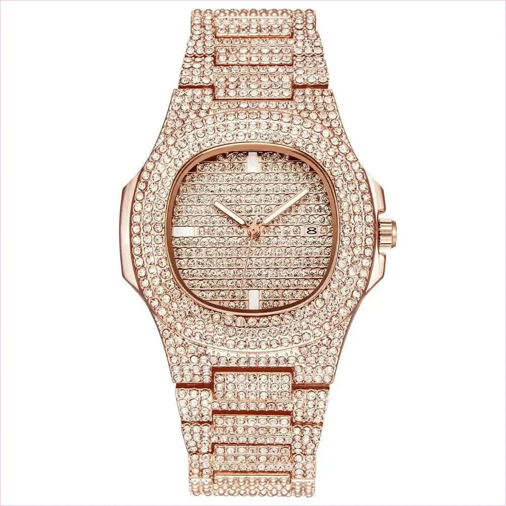 Mens Luxury Diamond Quartz Watch with Gold Steel Design - Pleasures and Sins