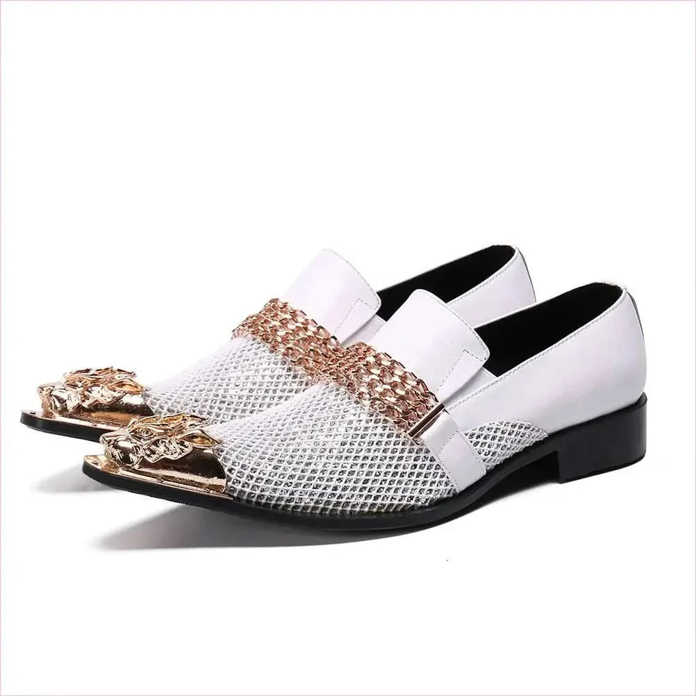 Men's Luxury Pointed Toe White Leather Wedding Shoes in Gold and White - Pleasures and Sins