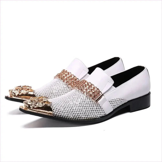 Men's Luxury Pointed Toe White Leather Wedding Shoes in Gold and White - Pleasures and Sins