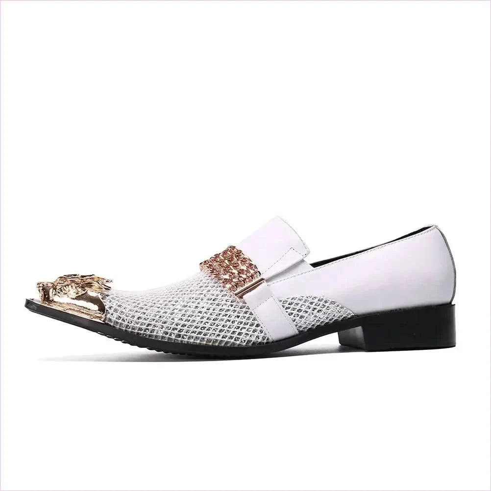 Men's Luxury Pointed Toe White Leather Wedding Shoes in Gold and White - Pleasures and Sins