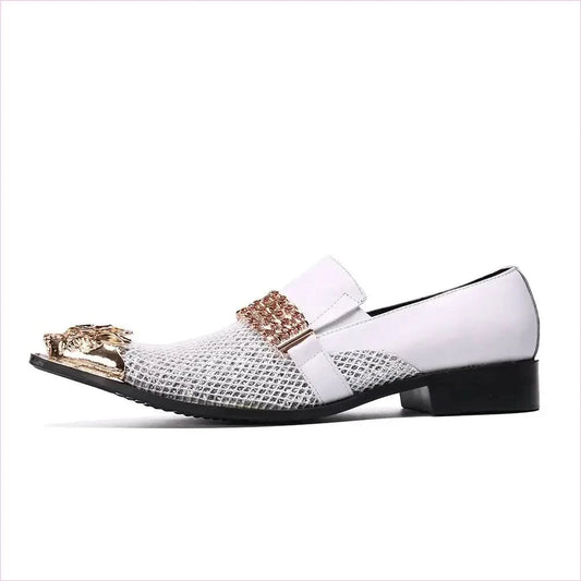 Men's Luxury Pointed Toe White Leather Wedding Shoes in Gold and White - Pleasures and Sins