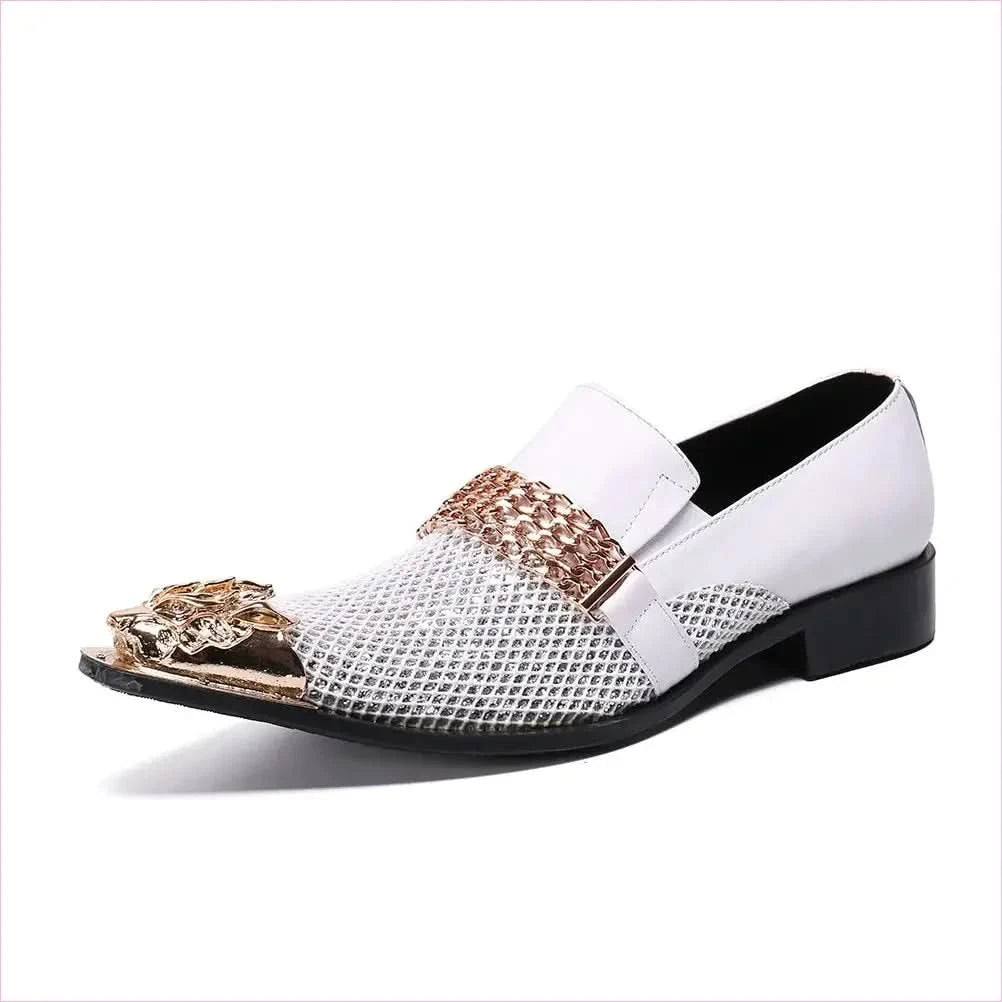 Men's Luxury Pointed Toe White Leather Wedding Shoes in Gold and White - Pleasures and Sins