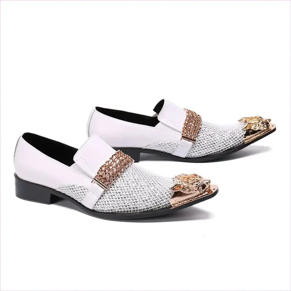 Men's Luxury Pointed Toe White Leather Wedding Shoes in Gold and White - Pleasures and Sins