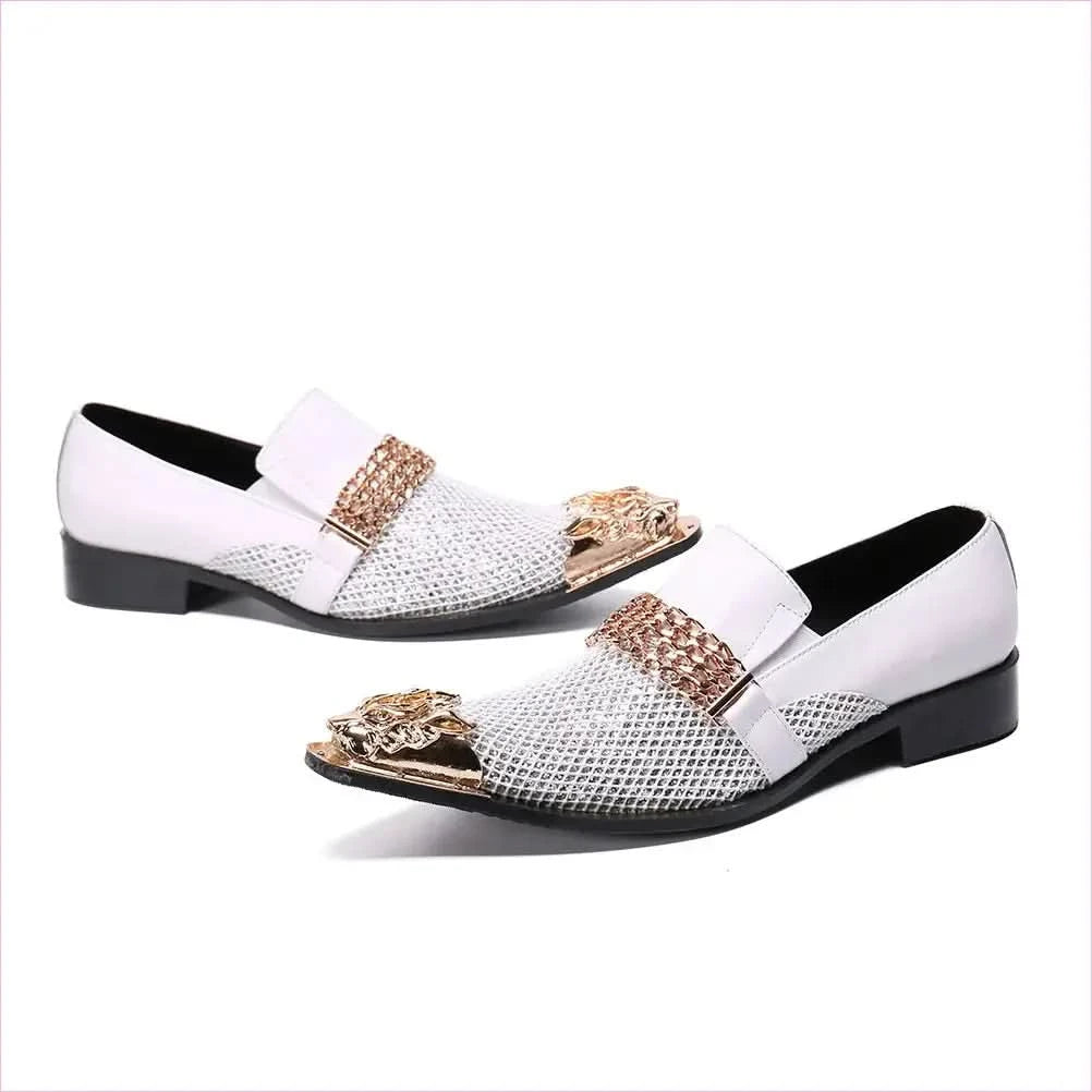 Men's Luxury Pointed Toe White Leather Wedding Shoes in Gold and White - Pleasures and Sins