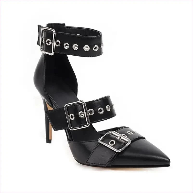 Metal Multi Buckle Ankle Strap High Heels in Black - Pleasures and Sins