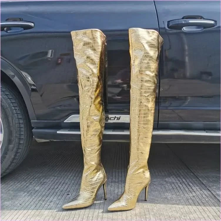 Metallic Gold Thigh Length Unisex Boots with Pointed Toe - Pleasures and Sins