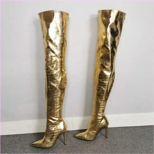 Metallic Gold Thigh Length Unisex Boots with Pointed Toe - Pleasures and Sins