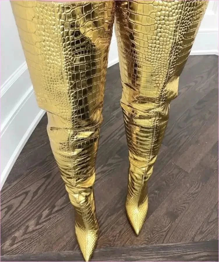 Metallic Gold Thigh Length Unisex Boots with Pointed Toe - Pleasures and Sins