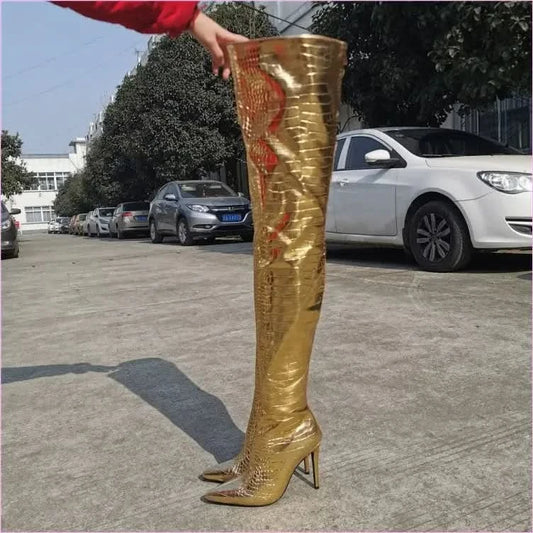 Metallic Gold Thigh Length Unisex Boots with Pointed Toe - Pleasures and Sins