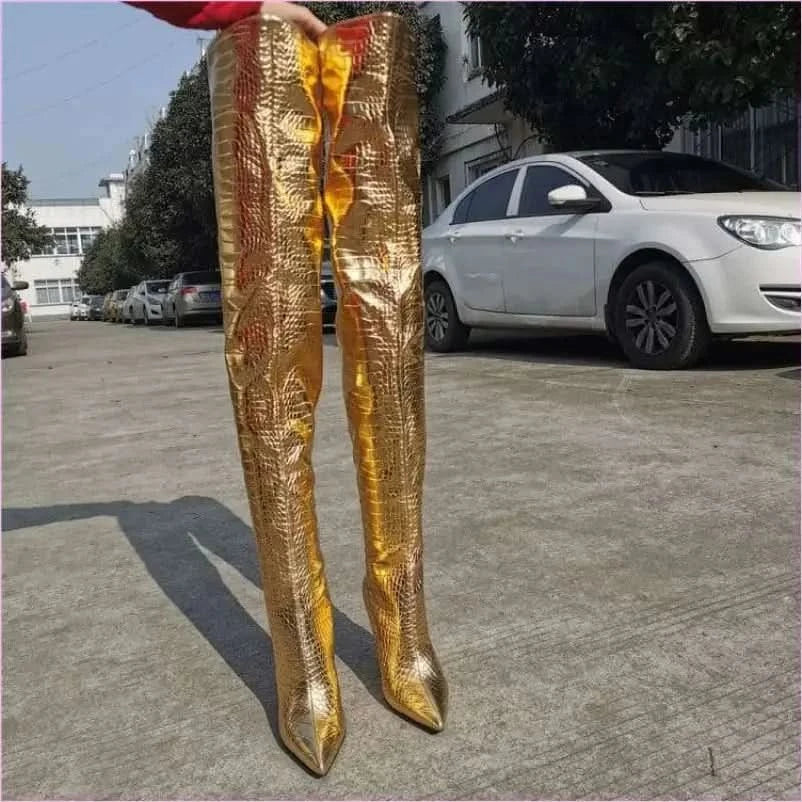 Metallic Gold Thigh Length Unisex Boots with Pointed Toe - Pleasures and Sins