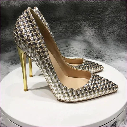 Metallic Gold Unisex Woven High-heeled Pumps - Pleasures and Sins