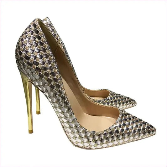 Metallic Gold Unisex Woven High-heeled Pumps - Pleasures and Sins