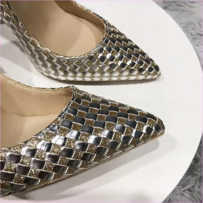 Metallic Gold Unisex Woven High-heeled Pumps - Pleasures and Sins