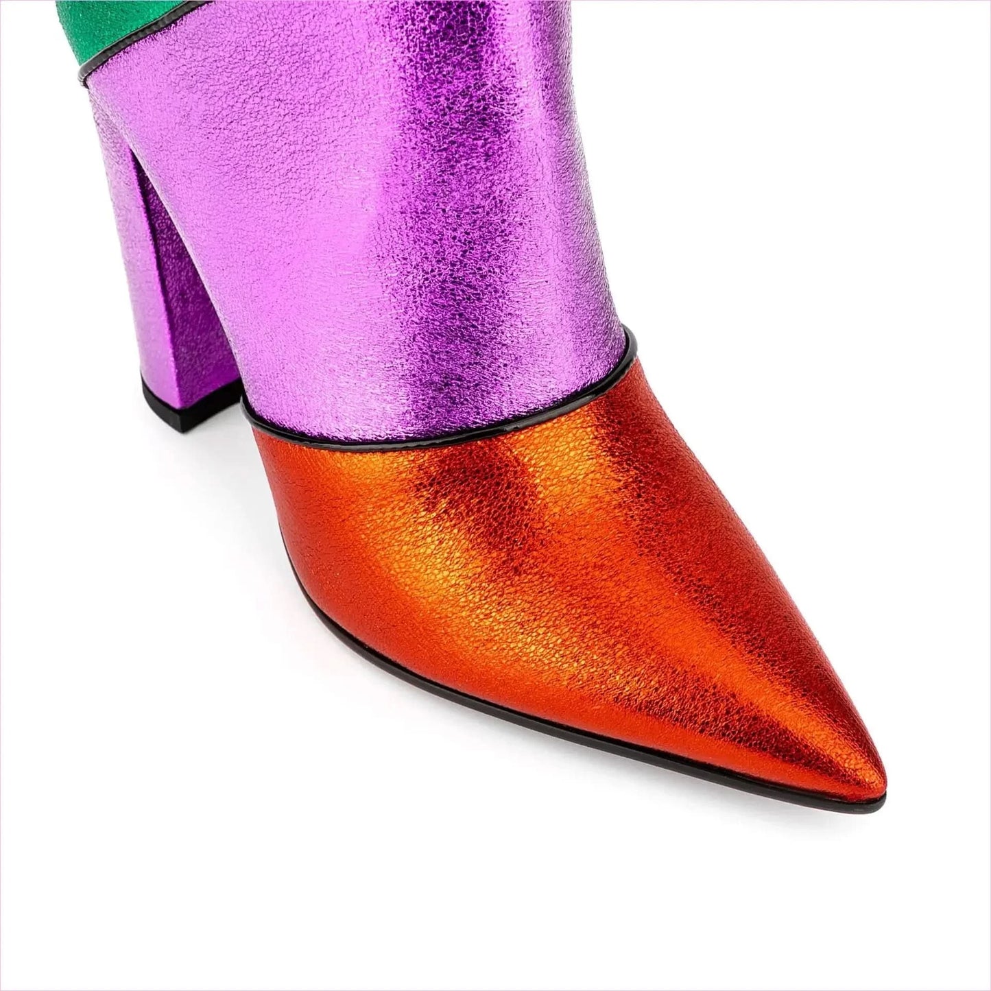 Metallic Rainbow Pointed Toe Chunky Heel Mid Boots for Pride Vibes - Pleasures and Sins