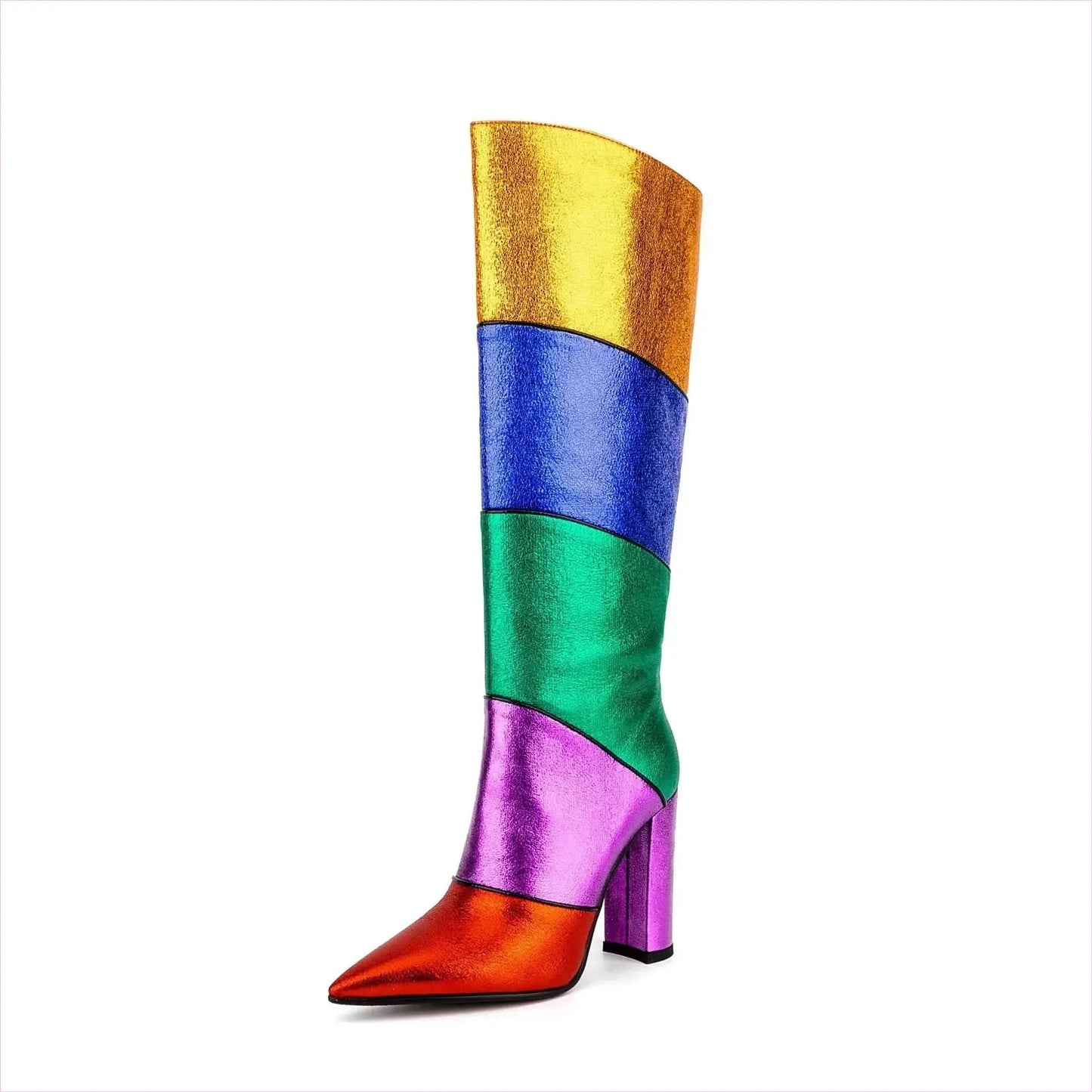 Metallic Rainbow Pointed Toe Chunky Heel Mid Boots for Pride Vibes - Pleasures and Sins