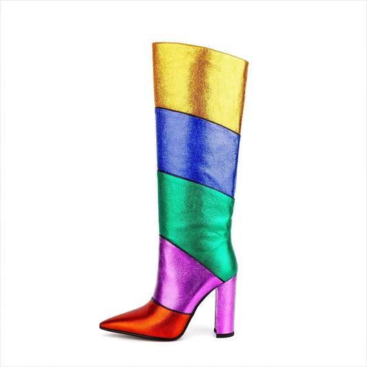Metallic Rainbow Pointed Toe Chunky Heel Mid Boots for Pride Vibes - Pleasures and Sins