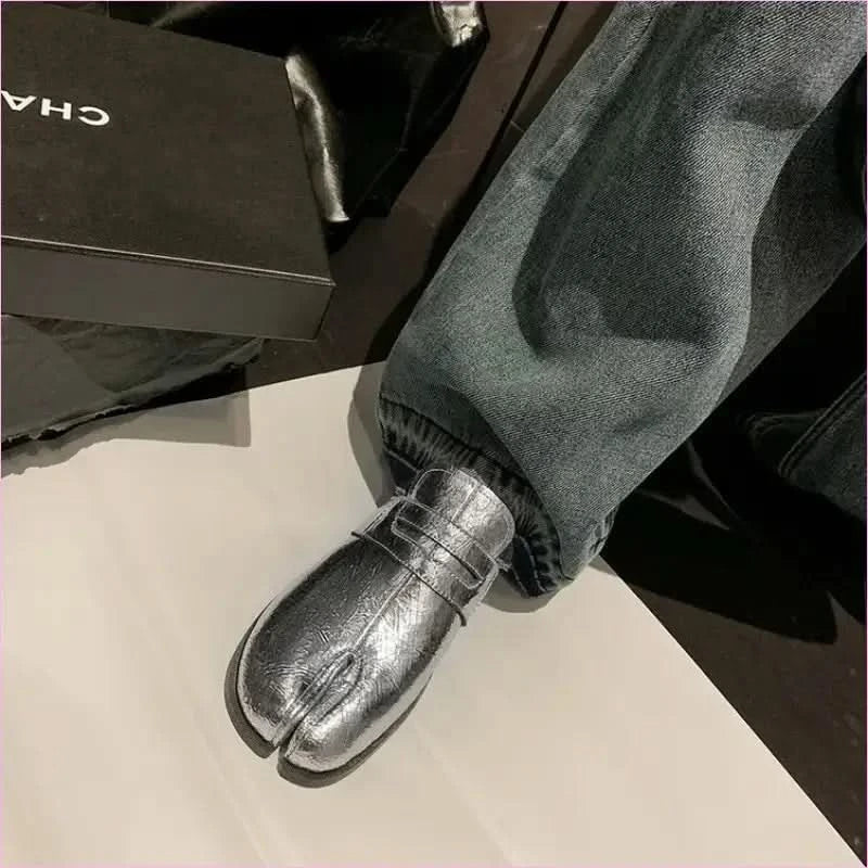 Metallic Silver Genuine Leather Split Toe Block Loafers for Women - Pleasures and Sins