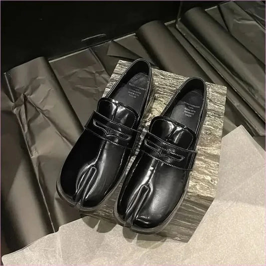 Metallic Silver Genuine Leather Split Toe Block Loafers for Women - Pleasures and Sins