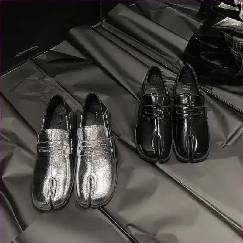 Metallic Silver Genuine Leather Split Toe Block Loafers for Women - Pleasures and Sins