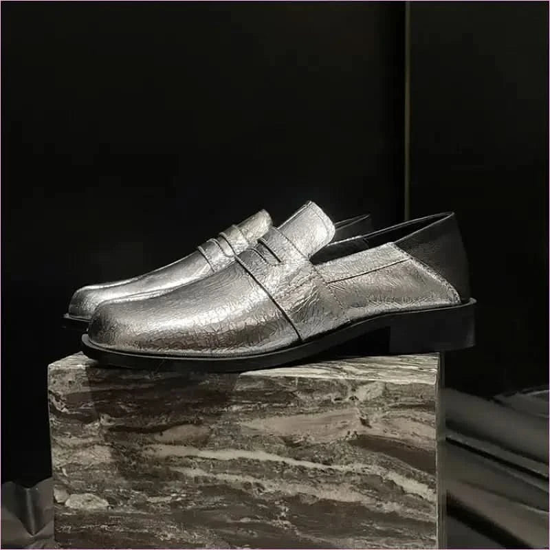 Metallic Silver Genuine Leather Split Toe Block Loafers for Women - Pleasures and Sins