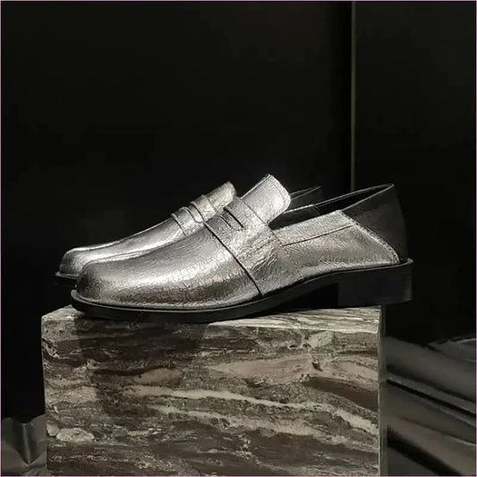 Metallic Silver Genuine Leather Split Toe Block Loafers for Women - Pleasures and Sins