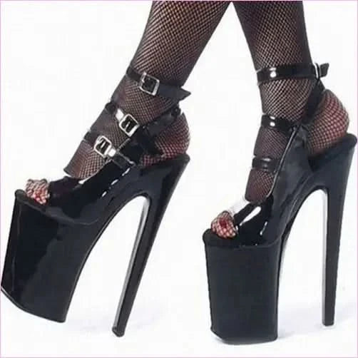 Multi Buckle Black Patent Platform Stiletto Heels with Ankle Straps - Pleasures and Sins